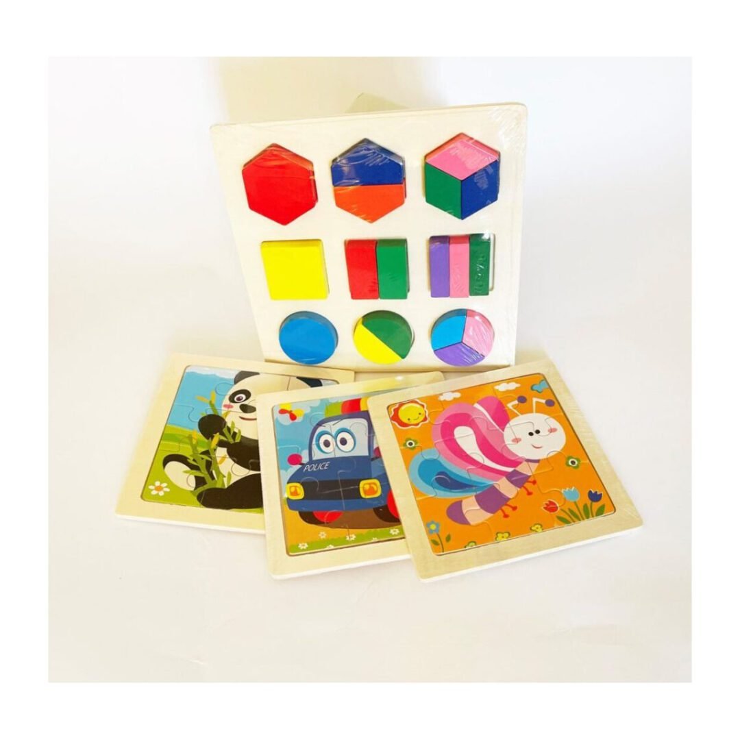 Set, 3 puzzle me figura dhe 1 puzzle gjeometrik, dru