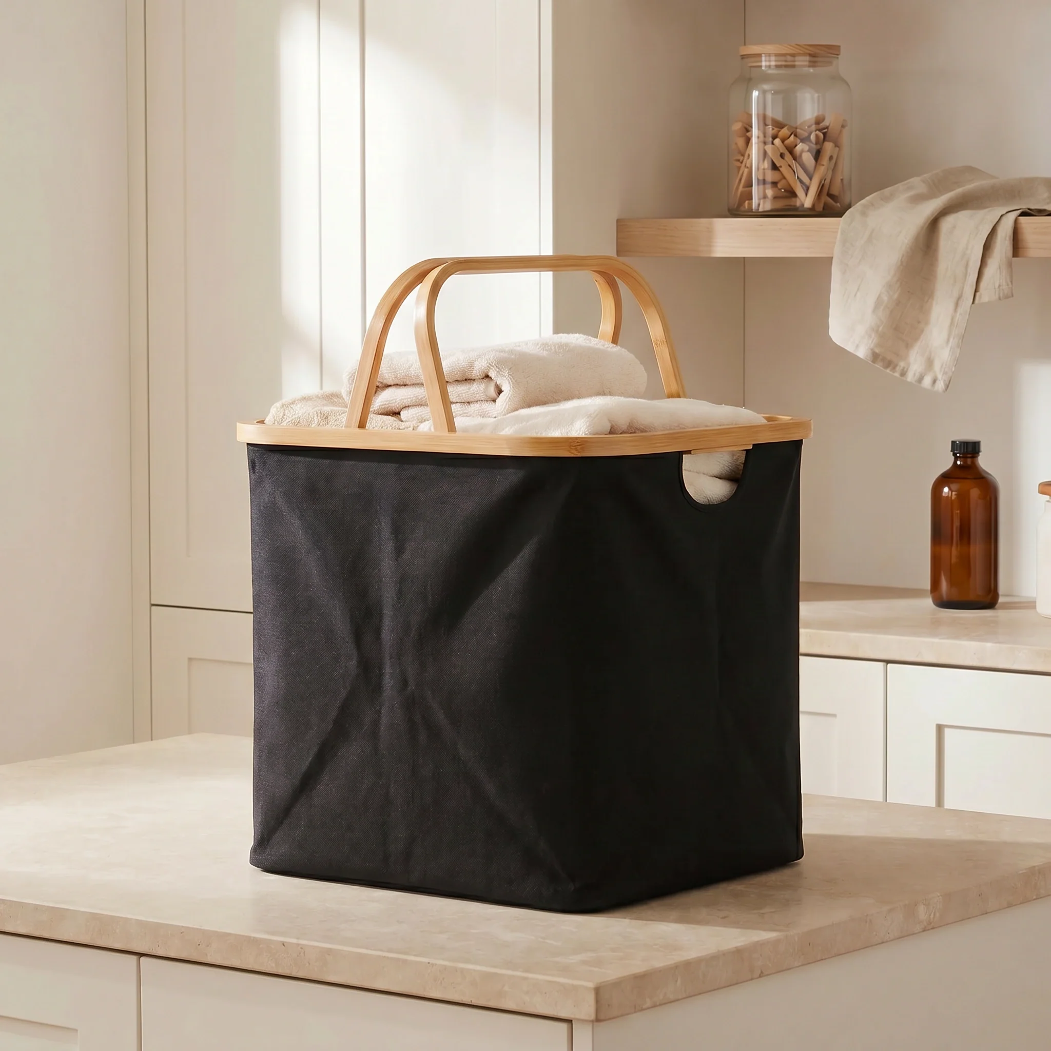 Storage-Organisers_Photoshoot_Black-Linen-Basket-with-Double-Handle_Sunlit-Laundry-Basket_2026-06-27_1x_4d4a54ec-880d-4e09-8e5a-25d79fe04bc9